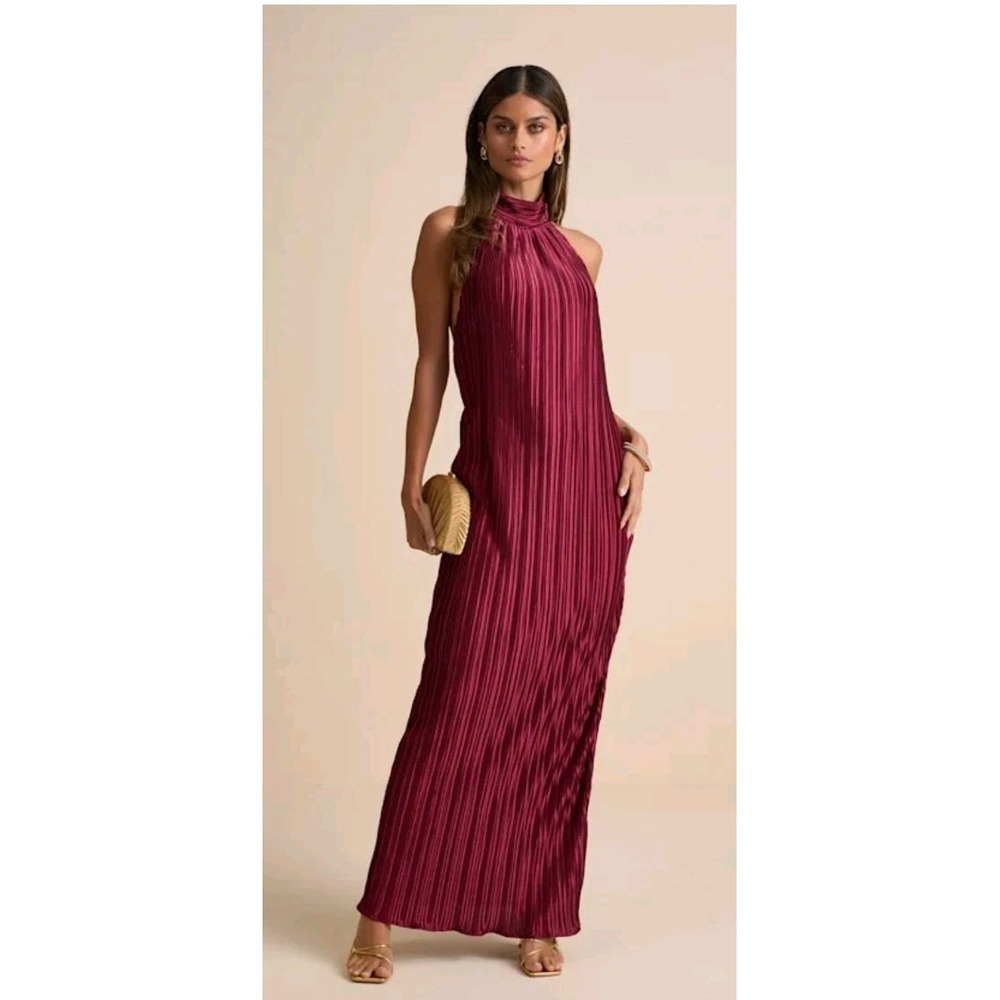 Gwenny Burgundy Red Satin Plisse Maxi Dress NWT Small Lulus